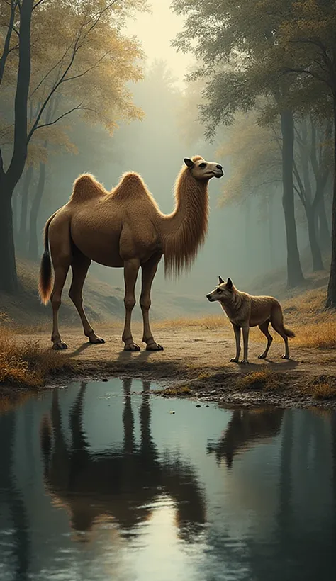 "A digital painting in the same style, lighting, and zoom as the reference image. The scene shows a camel standing near the wate...