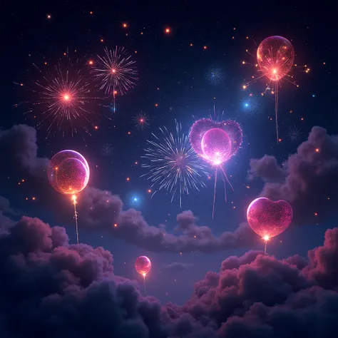 Night sky background with purple fireworks, neon balloons, sparkling stars, cosmic party atmosphere
