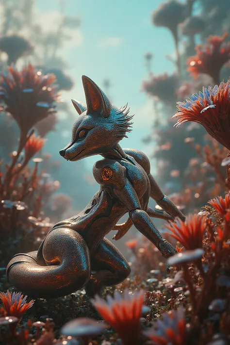 In a dreamlike landscape, a robotic fox with flowing shapes and impossibly vivid colors frolics among giant flowers with metalli...
