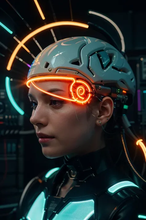 A glowing human brain made of circuits and neon light, connected with data streams, futuristic AI concept, ultra realistic, 4K