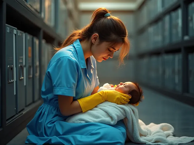 Ultra-realistic image for a YouTube thumbnail. A young maid in a light blue cleaning uniform with bright yellow gloves is sittin...