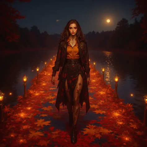 A tranquil lake at night, surrounded by vivid red and yellow autumn foliage. A glowing runway stretches across the water, design...