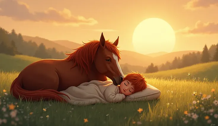 A chestnut horse resting calmly in the meadow as the sunrise paints the sky with golden light, a boy sleeping peacefully against...