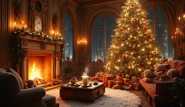 *A luxurious European royal living room glowing at night, overflowing with festive decoration, ultra-detailed, photorealistic, c...