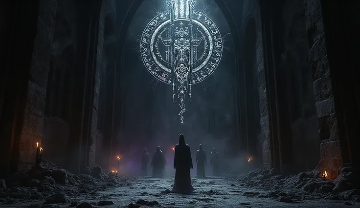 dark gothic music” in silver runic script, Hintergrund: abandoned cathedral with broken windows, weak candlelight, schatten von ...