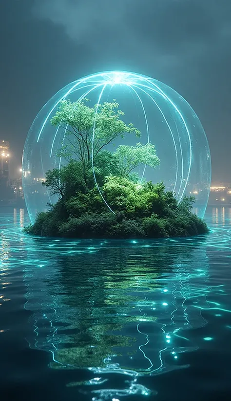 A futuristic glass dome island with glowing greenery inside, floating on neon water.