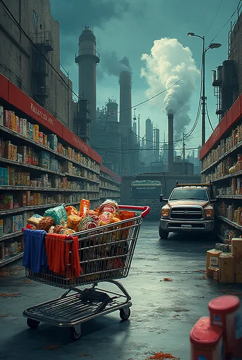 "A conceptual illustration depicting the title Consumo, merchandise and culture: alienation of merchandise.
In the foreground, a...