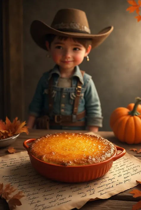 Honeyed pumpkin and in the background a young cowboy and in the background a recipe written around it with cursive letters The g...