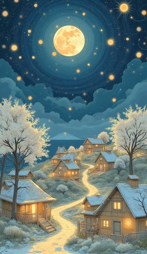 .Whimsical night village illustration in a dreamy, storybook style. A cluster of charming small houses with warm glowing windows...
