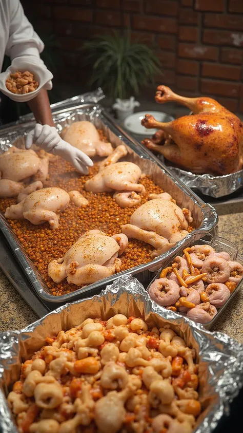 A picture showing the food preparation scene，In the picture, a person wearing white gloves is handling multiple marinated chicke...