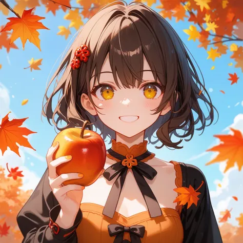 cute anime girl, brown fluffy hair with bangs, autumn-themed hair accessories, wearing a simple autumn dress with small ribbons,...