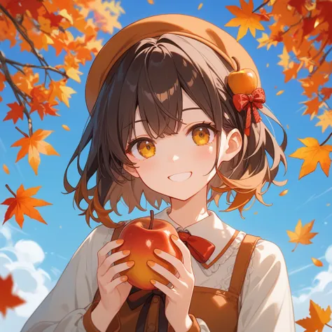 cute anime girl, brown fluffy hair with bangs, autumn-themed hair accessories, wearing a simple autumn dress with small ribbons,...
