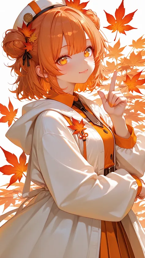 young girl with short maple-orange hair tied into two low side buns. She wears a long magical academy dress in maple-orange plan...