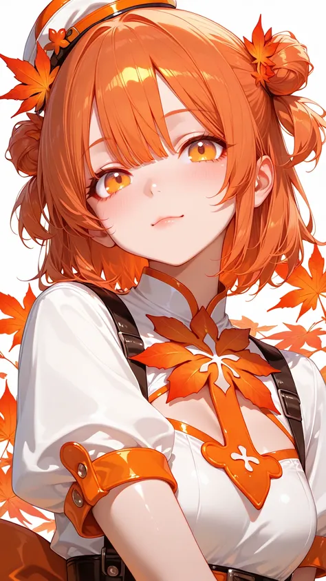 young girl with short maple-orange hair tied into two low side buns. She wears a long magical academy dress in maple-orange plan...
