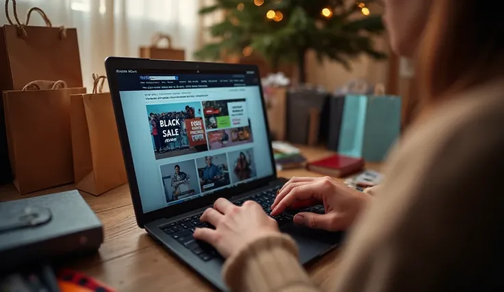 A person's hands holding a credit card over a laptop keyboard. The laptop screen shows a Black Friday sale webpage. There are ma...
