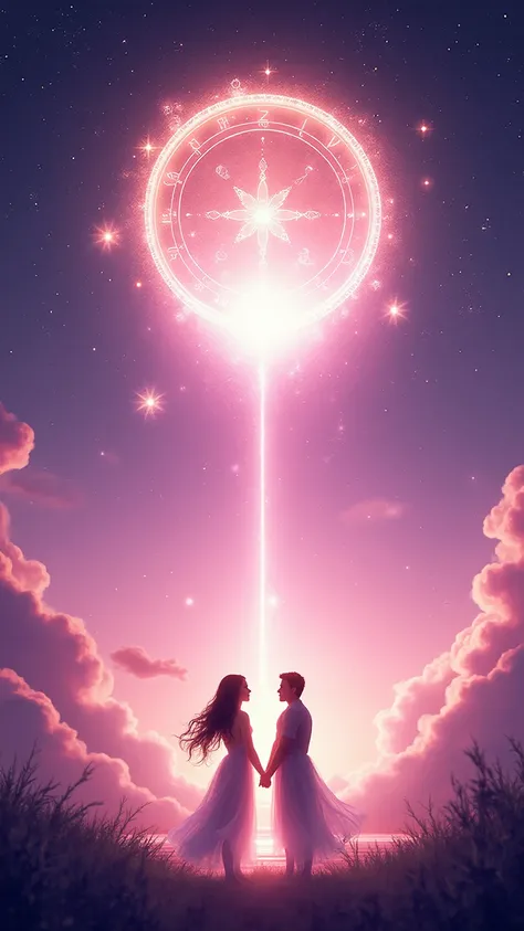 A dreamy romantic 9:16 vertical illustration of a mystical celestial scene. A glowing zodiac wheel floats above a soft purple an...