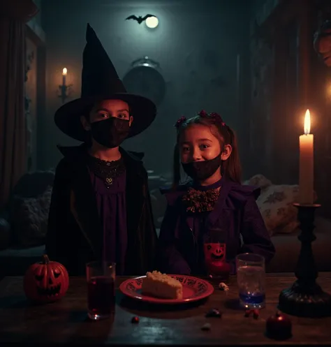 High Quality, masterpiece, 8k super detail, Halloween Party in a Dim Room, BOYS AND GIRLS DARK PLAY, 5 year old　cute　とてもcute　Bla...