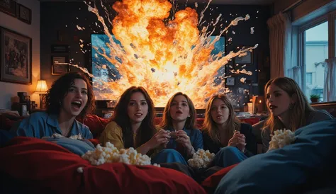 a cinematic hyper-realistic living room scene at night, a group of friends or family watching a movie or playing video games, dr...