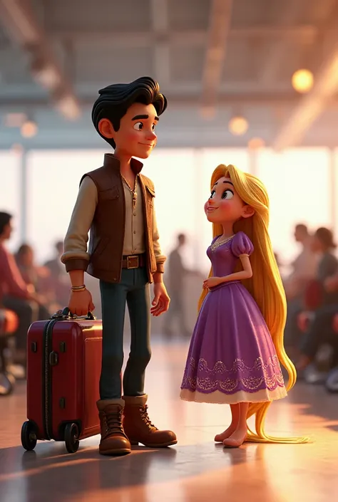 Generate a Disney 3d image of Eugene with Rapunzel, at the airport in the waiting room with a suitcase on wheels.
