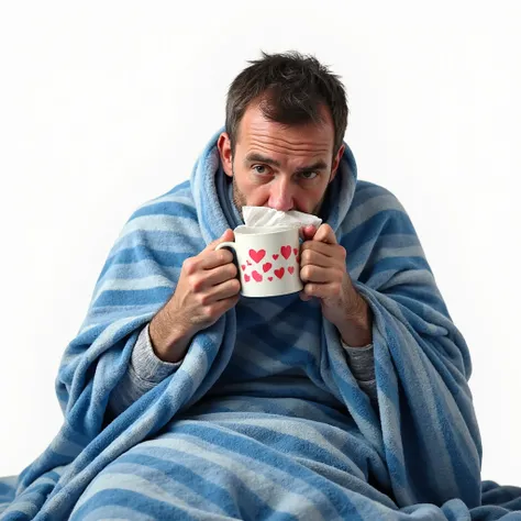 "Realistic photo of a sick man covered in a blue striped blanket, holding a mug with red heart patterns in one hand and covering...