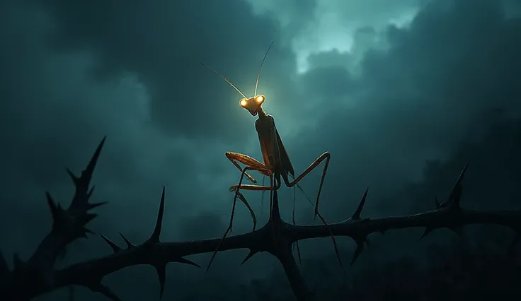 16:9 cinematic image of a praying mantis on a thorn branch glowing as storm clouds gather, symbol of patience and insight