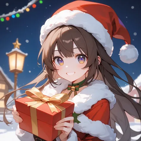 cute anime idol girl, fluffy brown hair with bangs, wearing a festive Christmas outfit with ribbons and a Santa hat, bright chee...