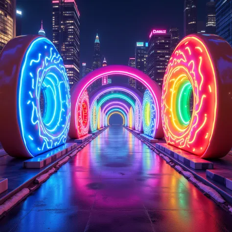 Futuristic candy racing tunnel, shaped like giant colourful donuts (blueberry, red velvet, yellow banana, green mint), glowing n...