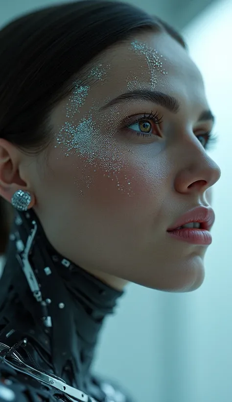 woman future biohuman face . 8k. Tattoos 