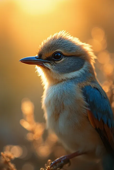 A mesmerizing close-up portrait of a gorgeous little bird illuminated by the soft, golden light of a tranquil morning, with vibr...