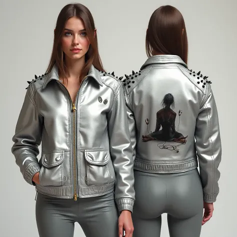 "Ultra-realistic women’s silver leather/faux leather studded jacket.

Front view: Two functional chest pockets with flat black p...