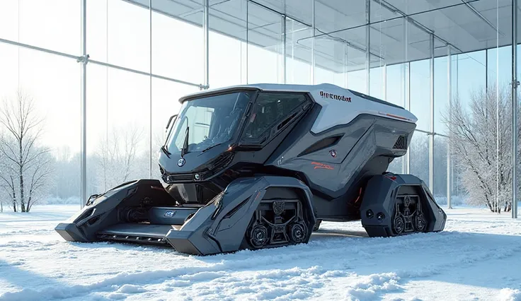 A realistic ultra HD 3/4 angle view of the 2026 Prinoth Leitwolf snow groomer outside a modern glass showroom, snow-covered grou...