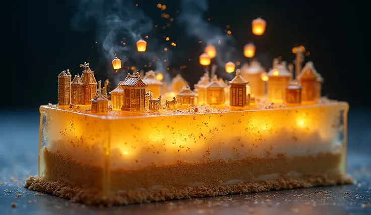 A rectangular cake: bottom vanilla sponge speckled with sesame “city lights”, middle whipped cream streaked with golden honey sw...