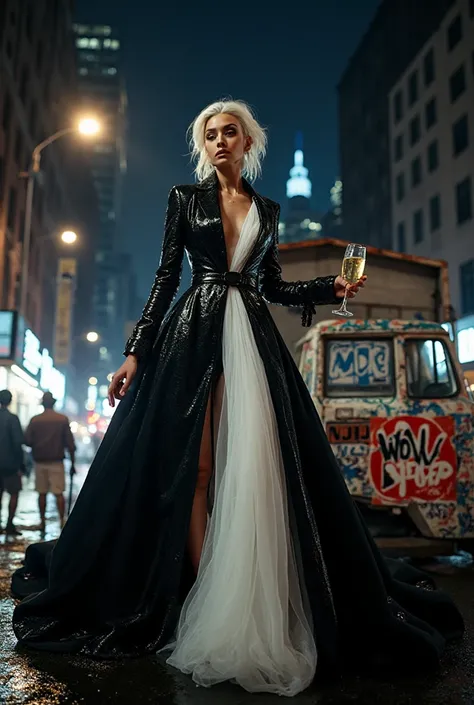 Fashion session in 8K, striking hairstyle half platinum half black, the model wears a bicolor black and white dress: one side of...