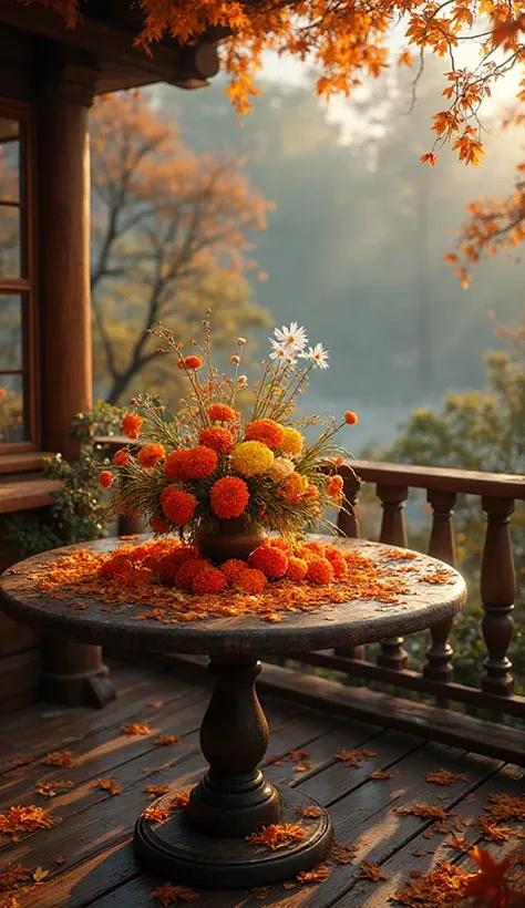 On the balcony of a wooden house, a round table is a masterpiece of floral art,  filled with red, with yellow and white marigold...