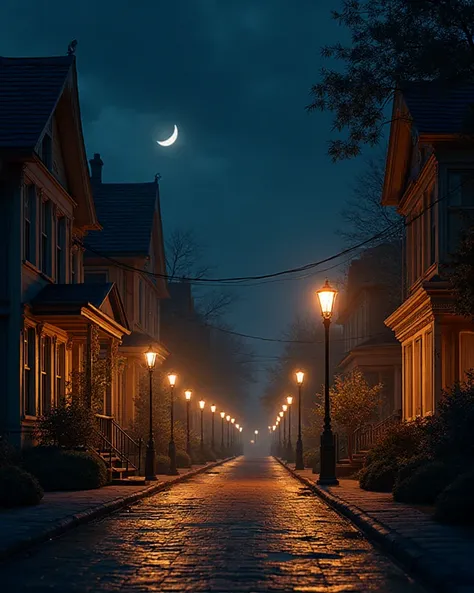 Night image of houses on a street in an urban setting illuminated by streetlights with LED lamps