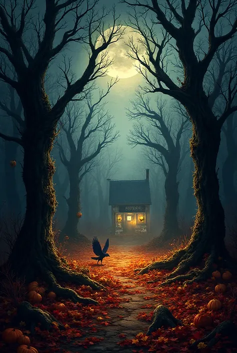 create a Fall season background for my online storefront. Make it spooky and halloween like.