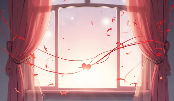 A soft twilight window scene, red strings intertwining and stretching across the air in a dreamy way, simple and elegant, white ...