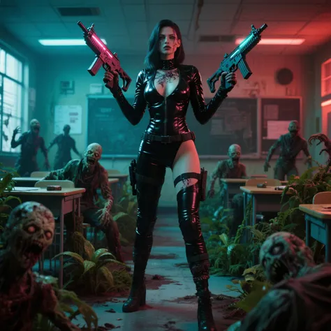 Zombies roam the campus and mutant plants fill the classroom. a sexy woman in a tight latex combat suit with two fully automatic...