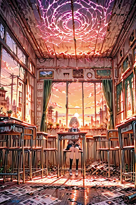 High Quality, masterpiece, Super Detailed, Classroom in an abandoned school building on the verge of collapse, How many old tatt...