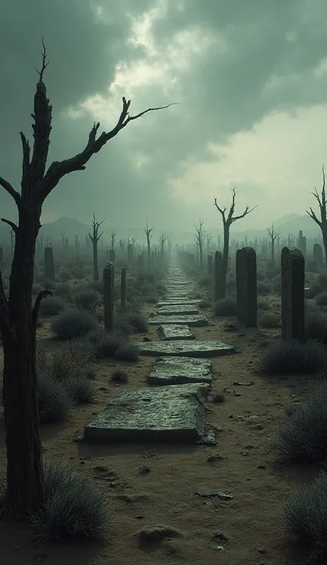 Atmospheric vision of a desolate desert graveyard under a dramatic sky, symbolizing mortality.