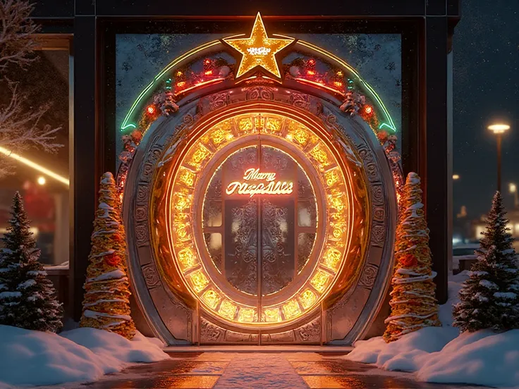 Create a hyper-realistic and surreal image of a Pizza Hut entrance door reimagined as a futuristic "Pizza Portal" for Christmas,...