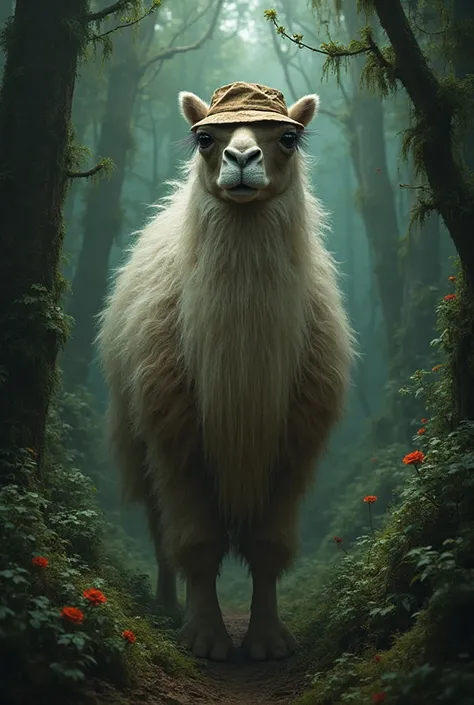 Make a picture of the body of a man with a camel's head on his head and his body has blind hair and wears a hat in the forest