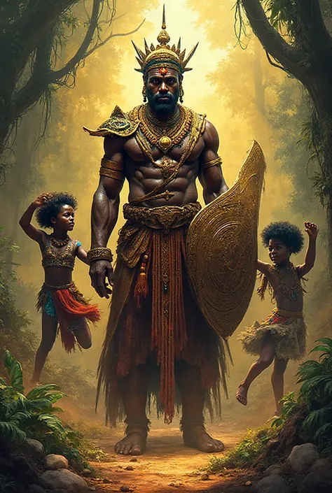 Image of Orixá Ogum with his shield together with the Ibejis children from Umbanda playing 