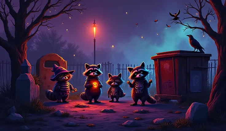 A fun neon Halloween cemetery scene glowing in orange, purple, and green. Several raccoons in creative Halloween costumes (witch...