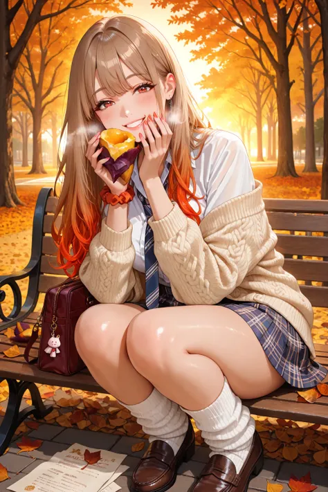(masterpiece, best quality, ultra-detailed, cute autumn slice of life), 17-year-old Japanese schoolgirl gyaru, golden sun-kissed...