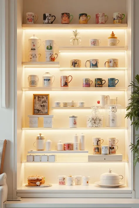 White wooden shelves, with 5 shelves. Tidy with colored coffee mugs, designs and characters stacked. Very bright and With LED li...