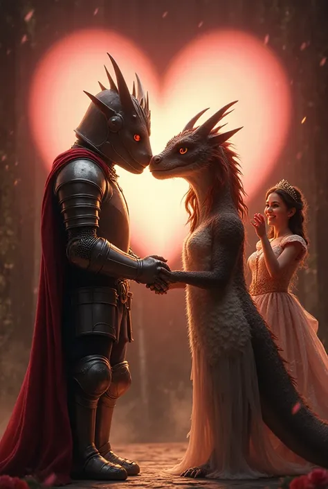 Semi-realistic, heartwarming scene in medieval setting. A tall human knight and a young female dragon with boobs, twice his heig...