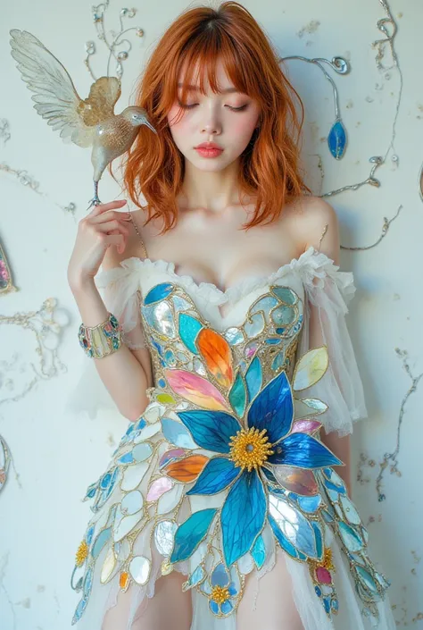 Hyper realistic, masterpiece, best quality, porcelain white skin, dramatic perspective. young woman. closeup. Whimsical model po...