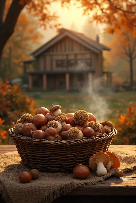 A rustic basket filled with fresh chestnuts and edible mushrooms (porcini, chanterelles, parasol mushrooms) placed on a wooden t...