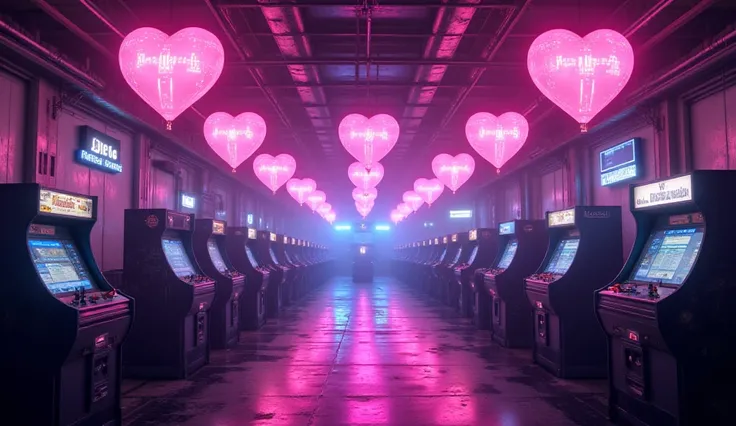 "Pixel Hearts in Neon Glow"
Prompt: Floating glowing pixel hearts above classic arcade machines, glowing vaporwave color palette...